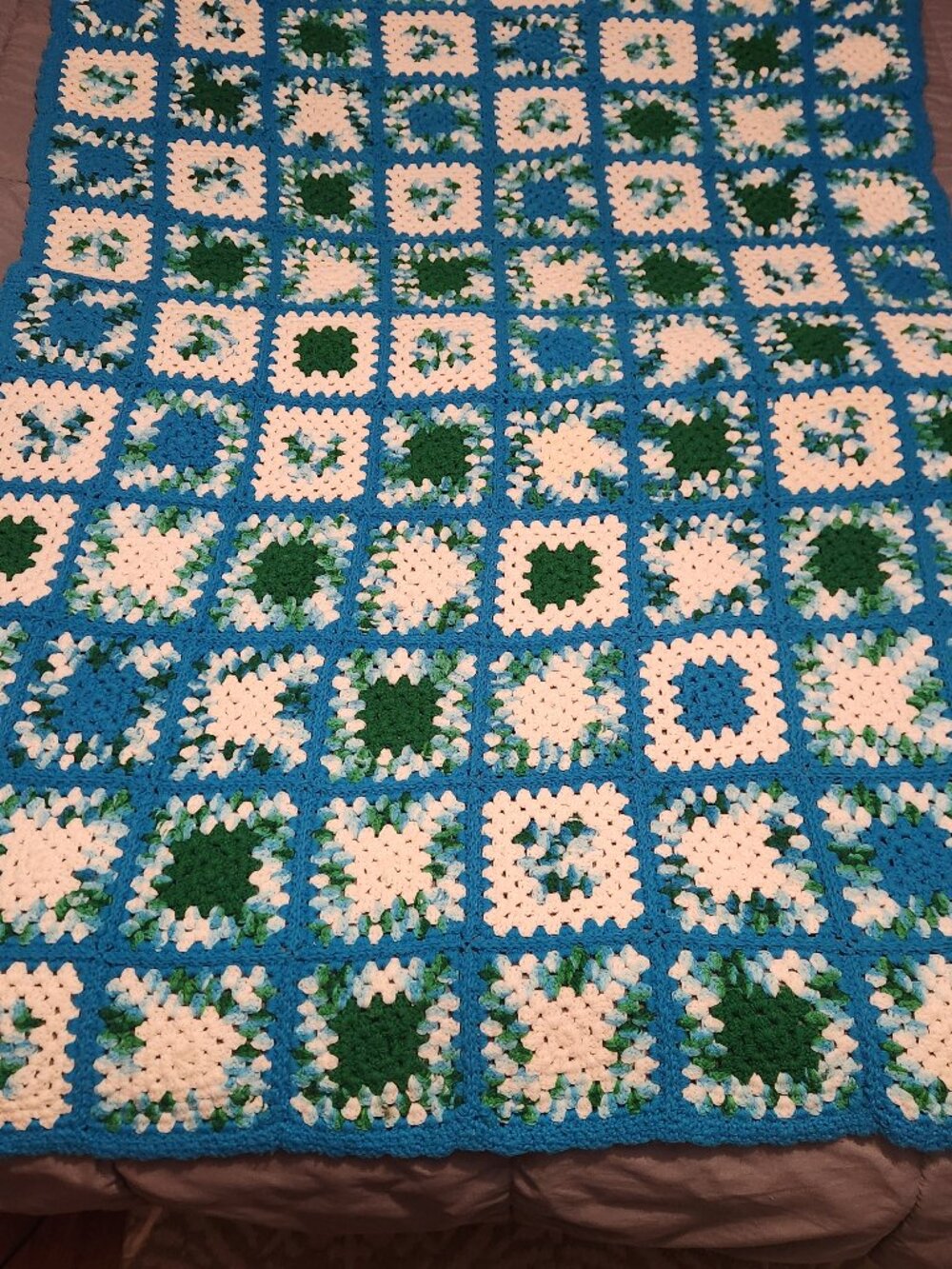 Vintage Granny Square Blue Green and White Afgahn